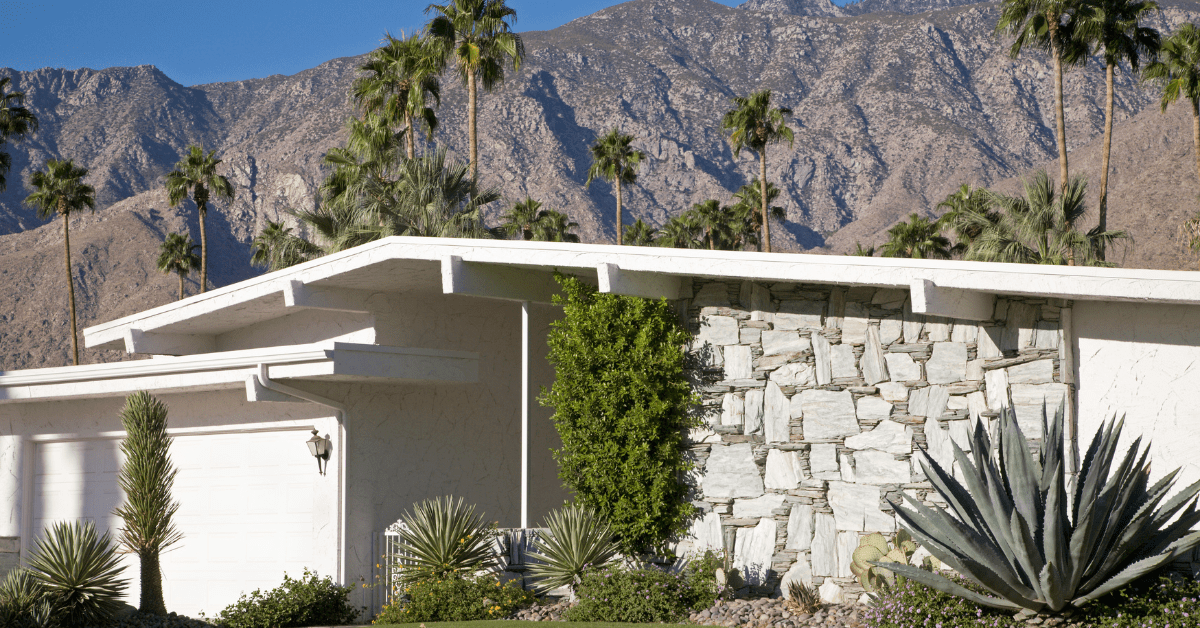 The exterior of a mid-century modern house.