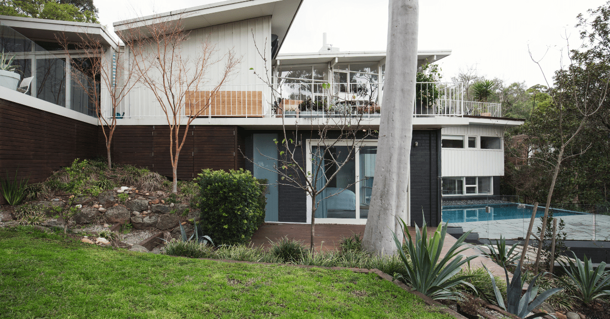 The exterior of a mid-century modern house.