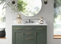 bathroom vanity green with round mirror