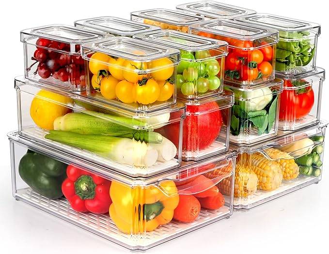 product photo of stackable clear bins for fridge on white background full of fruits and vegtables