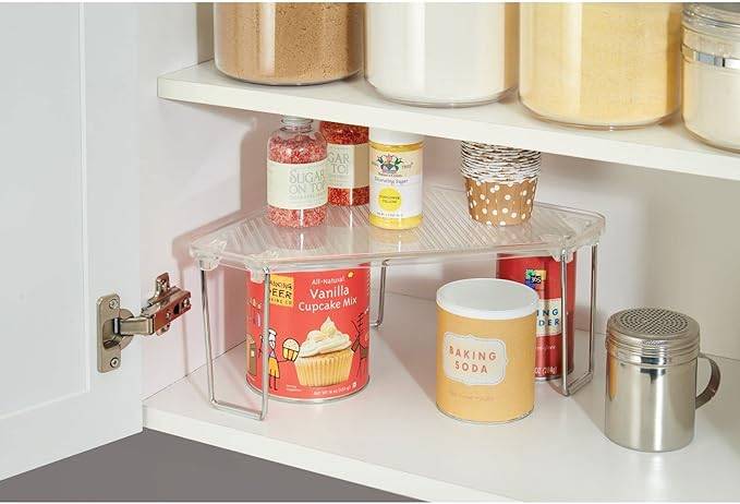 clear plastic corner shelf organizer inside kitchen cupboard