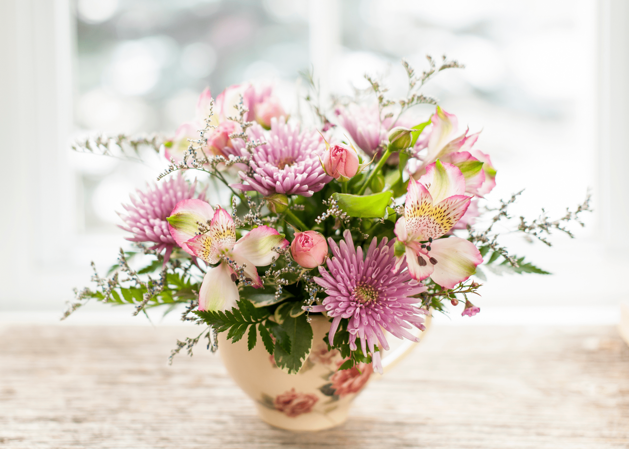 flower arrangement in a tea cup