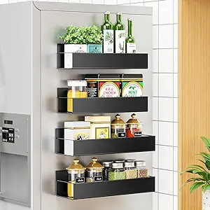 black magnetic fridge exterior shelves hanging on stainless steel refrigerator