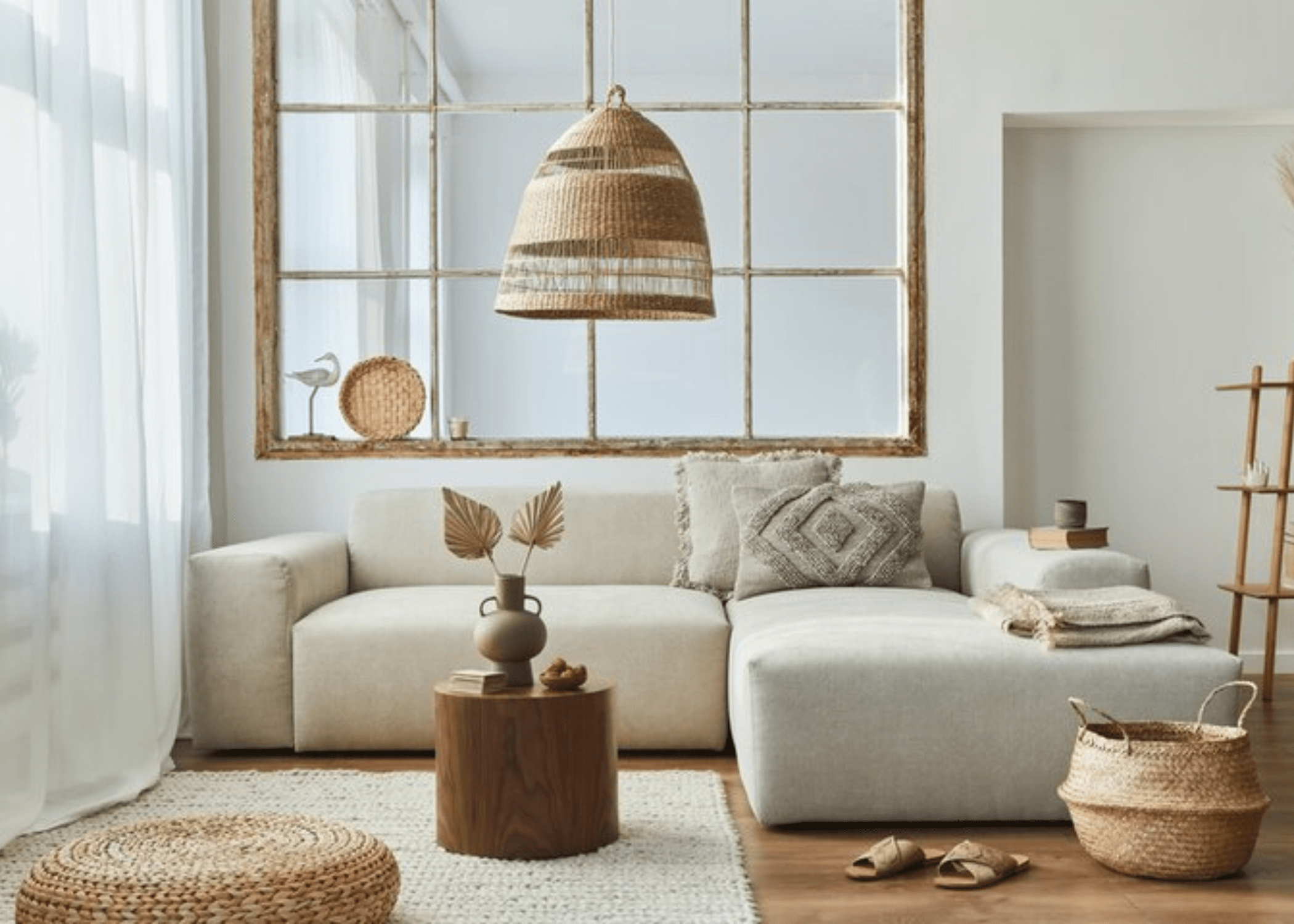 boho style white living room with large couch hanging rattan lamp