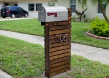 modern mailbox with wood slat wall