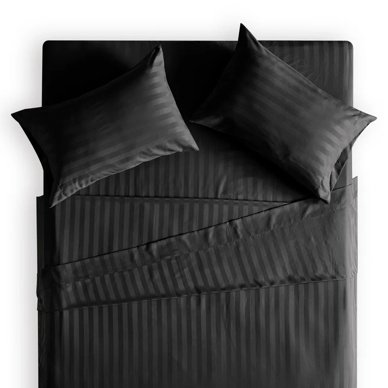 sateen black bed sheet set top view white background