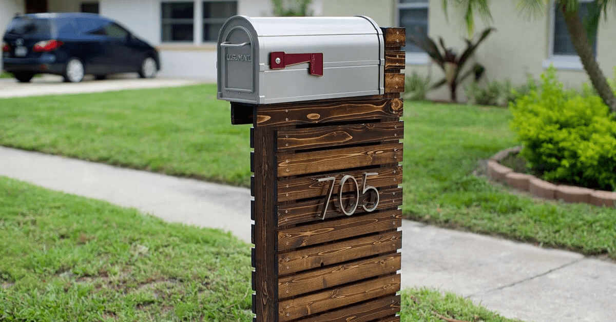modern mailbox with wood slat wall