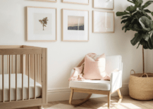 Vibrant small nursery with green plant and a white chair with pink throw pillow.