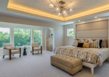 Large master bedroom with great overhead lighting fixture.