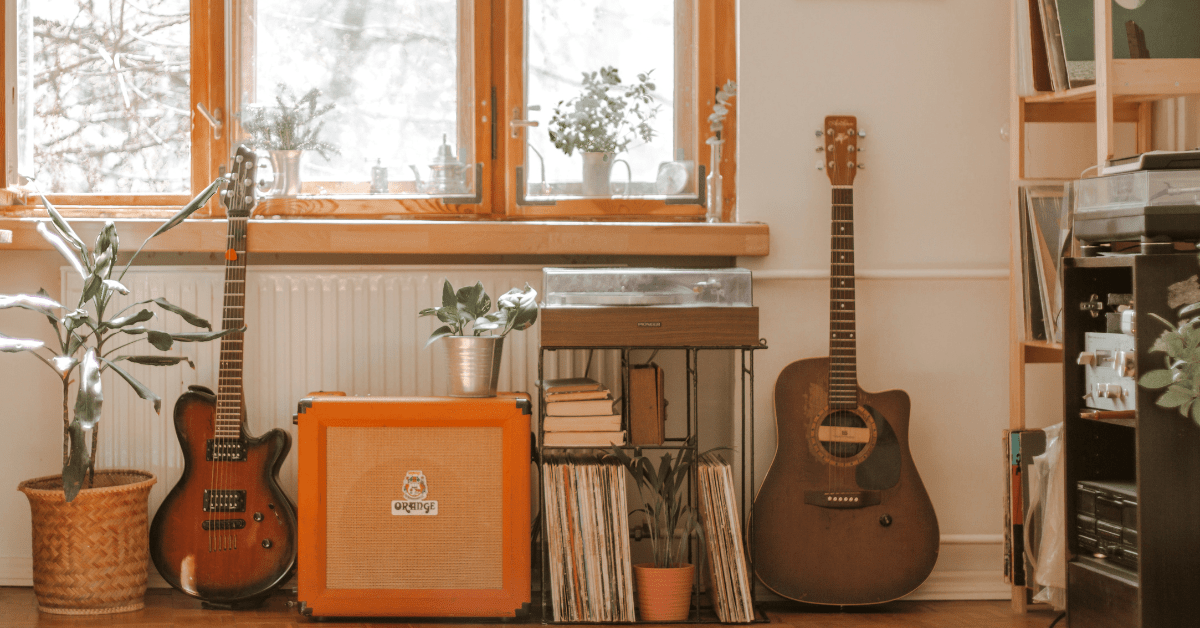 A rustic-themed music room.