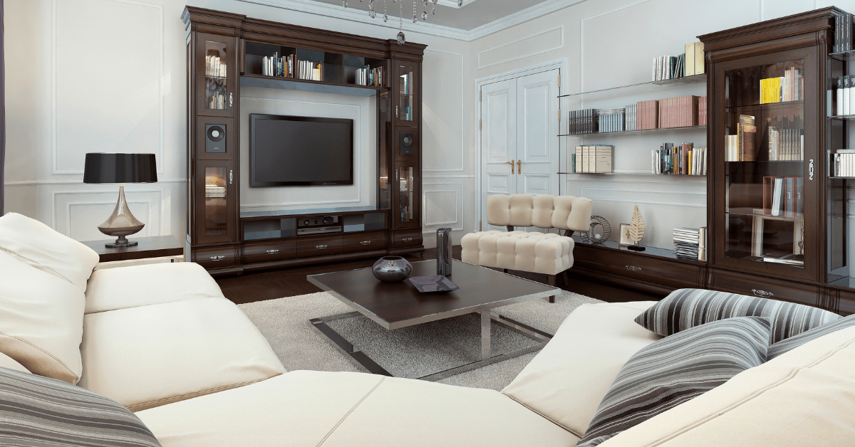 Modern art deco living room with large shelving unit.