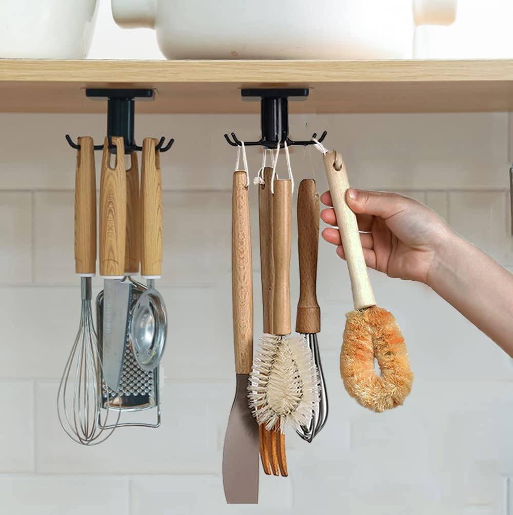 under cabinet hooks with hanging kitchen tools.