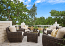 large patio with wicker patio furniture