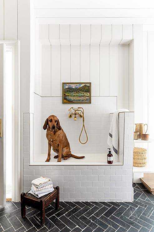 Mudroom features a platform dog shower shiplap trim and antique brass shower kit and a wooden accent table on black herringbone floor tiles.