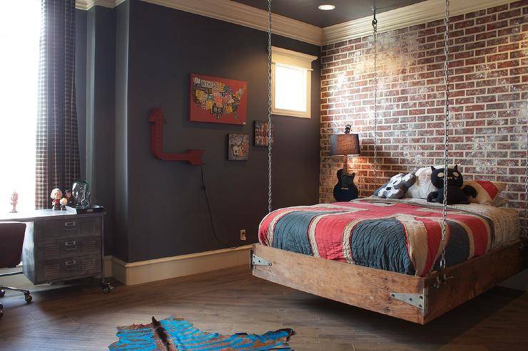 Industrial boys room, complete with hanging bed made from salvaged barn wood