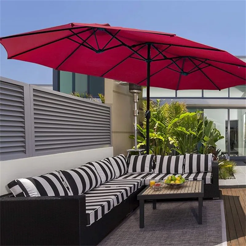 red awning umbrellas on patio
