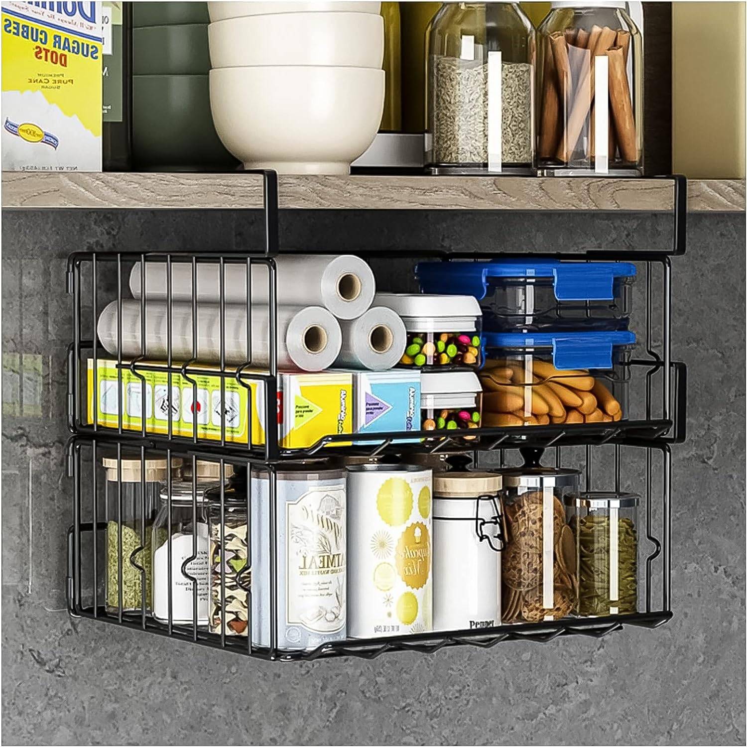 under shelf basket with pantry items.