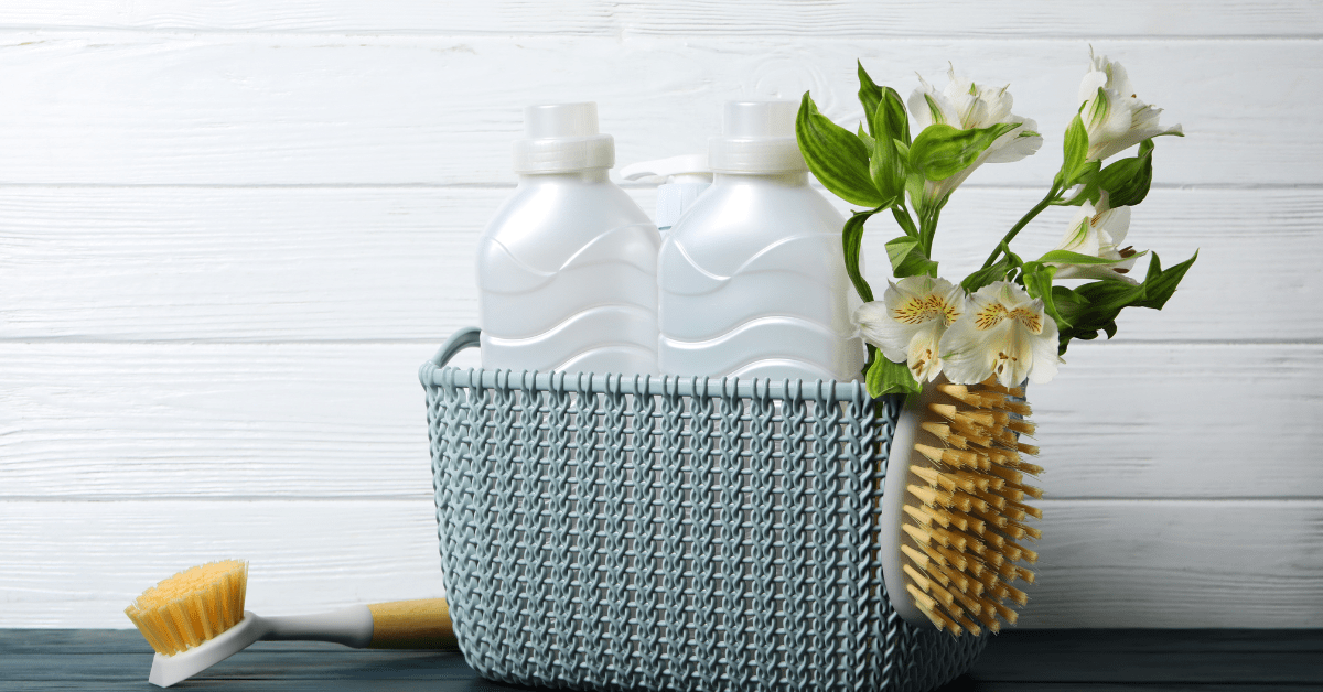 A basket for storing cleaning supplies.
