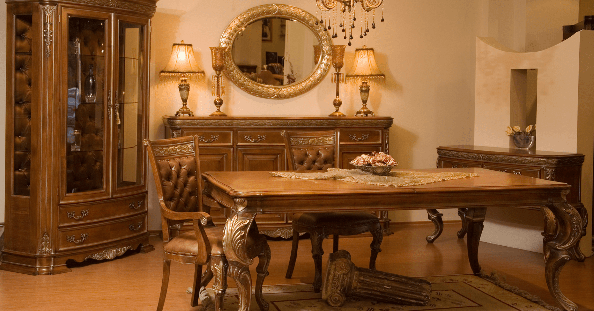 Antique furniture in a grandmillennial style dinning room.
