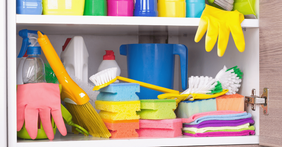 Cabinet storing cleaning supplies.