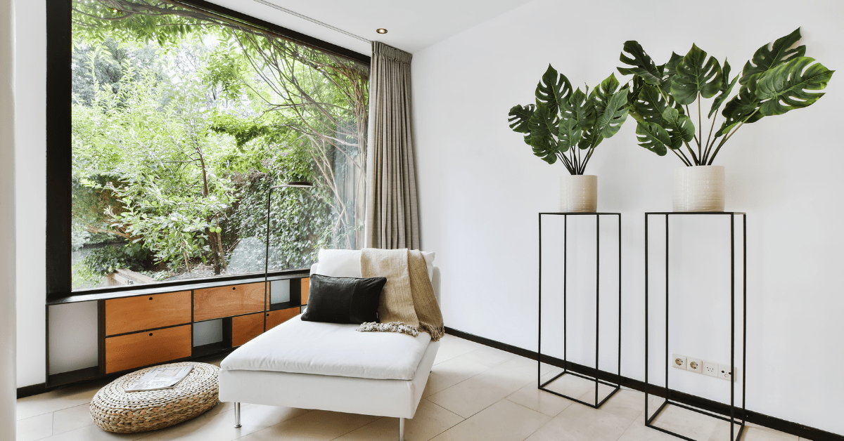 A modern living room with green plants.