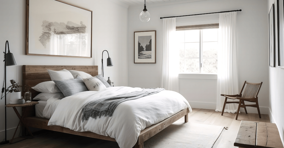 A chic modern farmhouse bedroom.