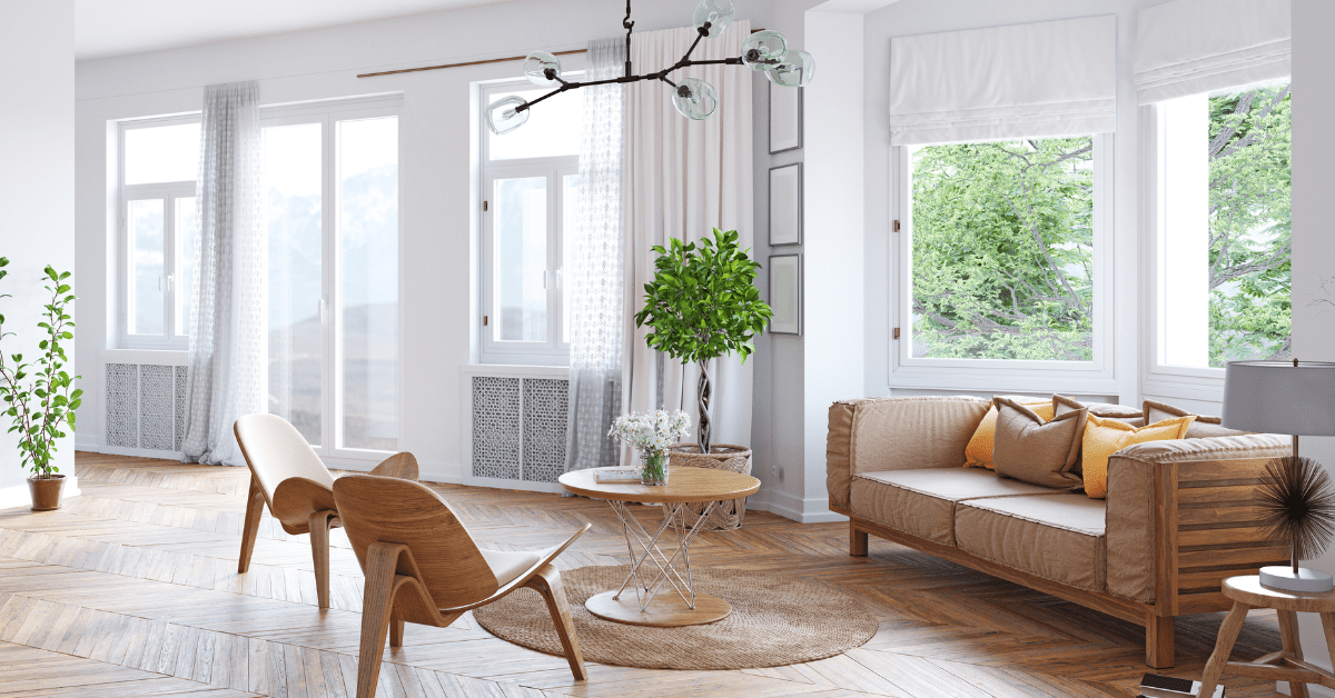 Wood furniture in a modern living room with organic greenery.