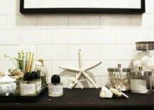 Chic bathroom with vintage cart, glass canisters, starfish and apothecary jars.