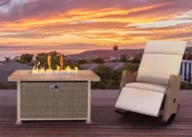 fire table and patio chair