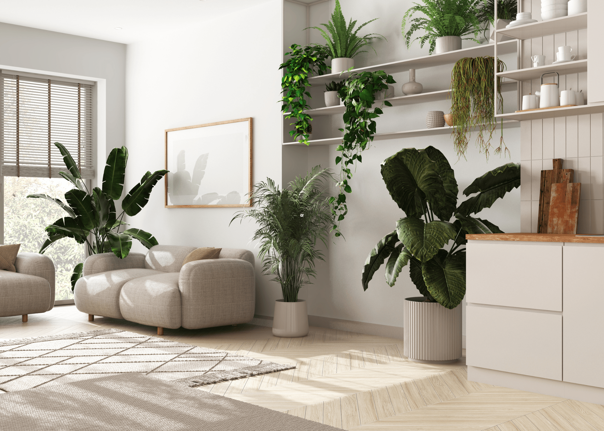 living area with greenery and tons of plants