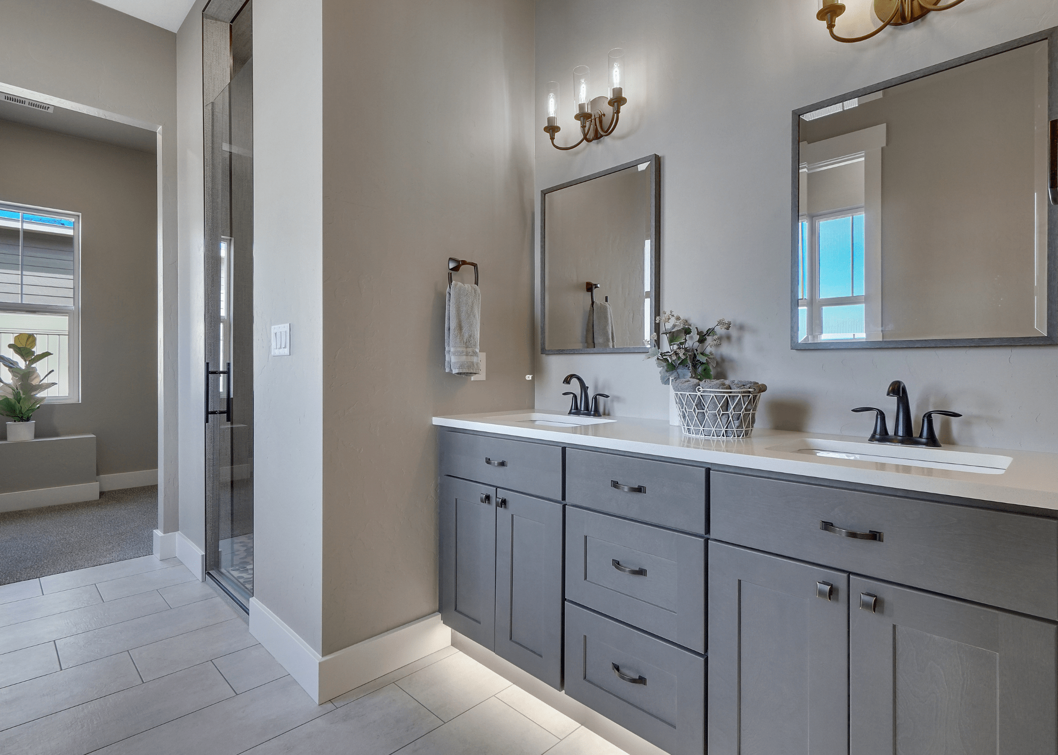 bathroom vanity double with mirrors grey under cabinet lighting