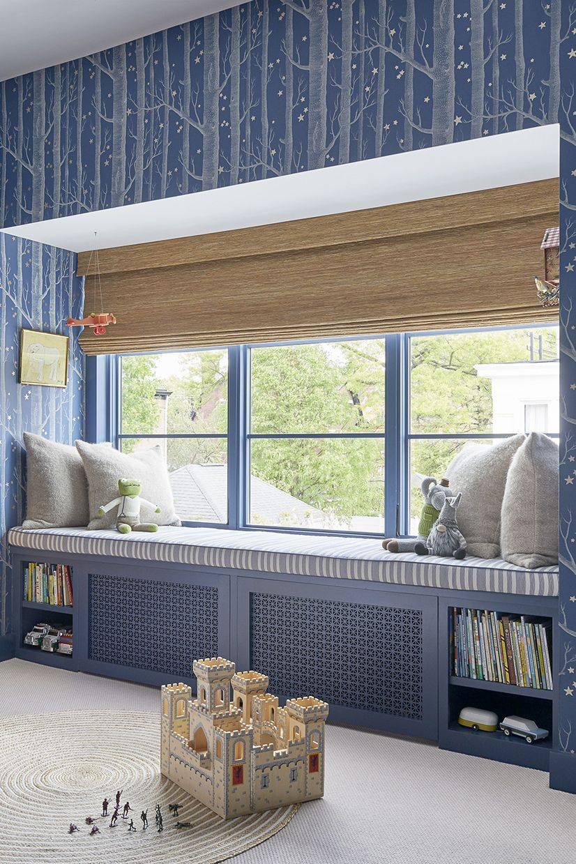 window seat blue room with book shelves built in kids room