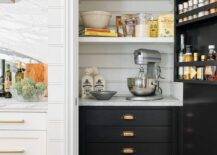 Stacked spice shelves adorn the back of a black pantry door. A black and white kitchen pantry features black cabinetry adorned with antique brass cup pulls. paired with horizontal plank backsplash.