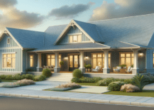 A soft blue ranch style house with white pillars.