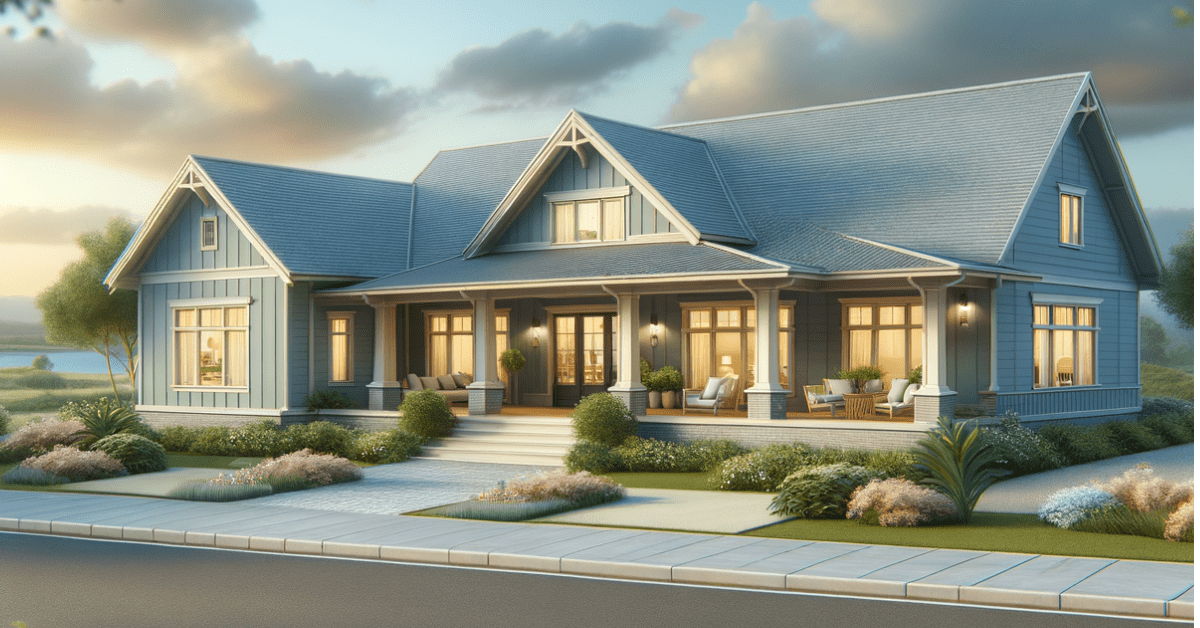 A soft blue ranch style house with white pillars.