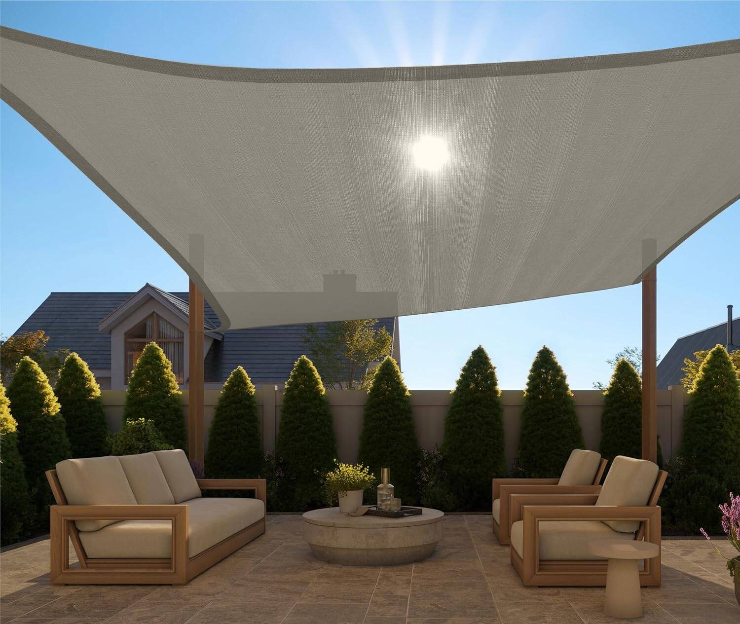 tensioned shade cloth pergola over patio.