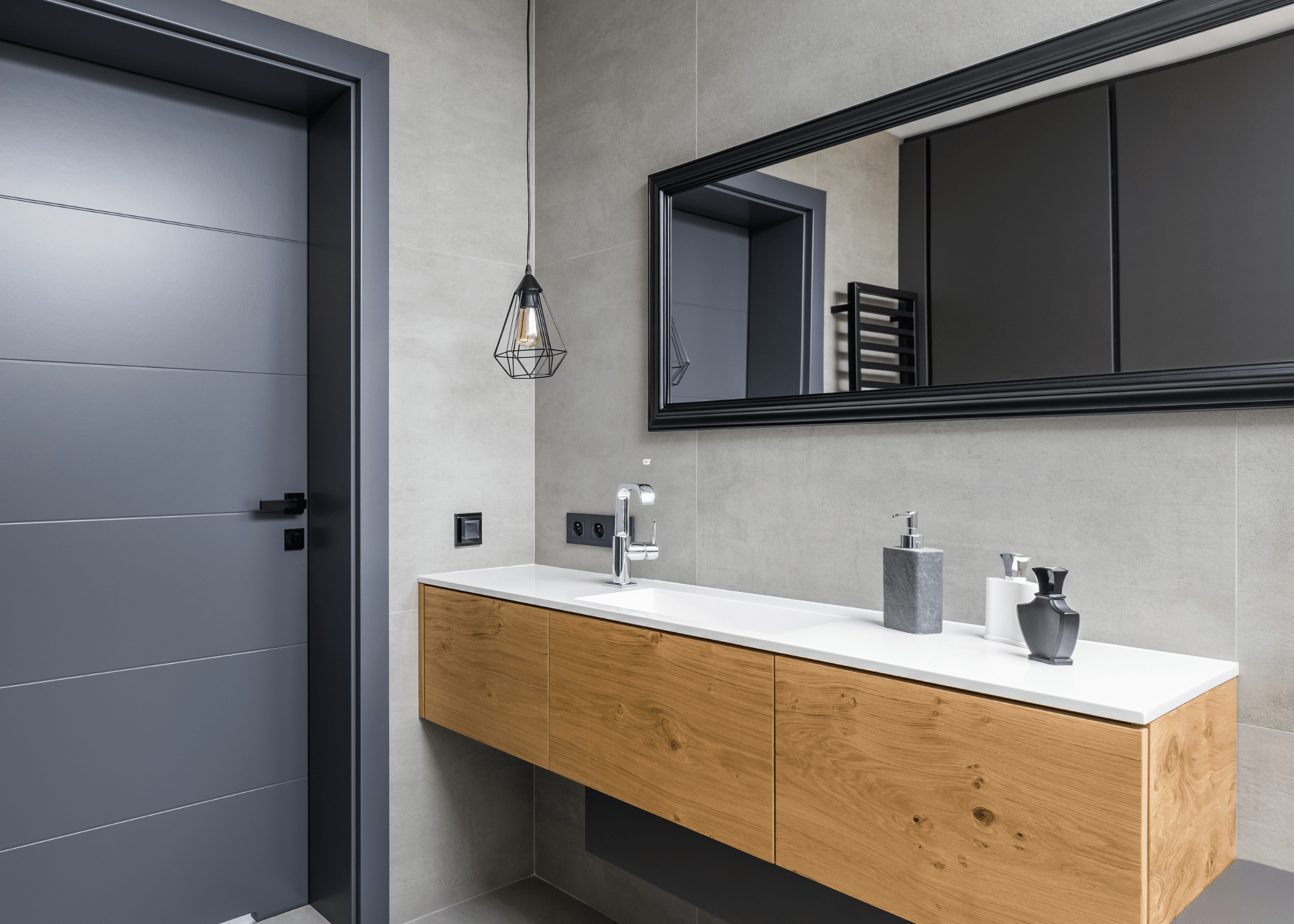 floating bathroom vanity with white countertop black frame mirror