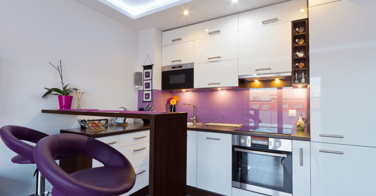 White and purple kitchen.