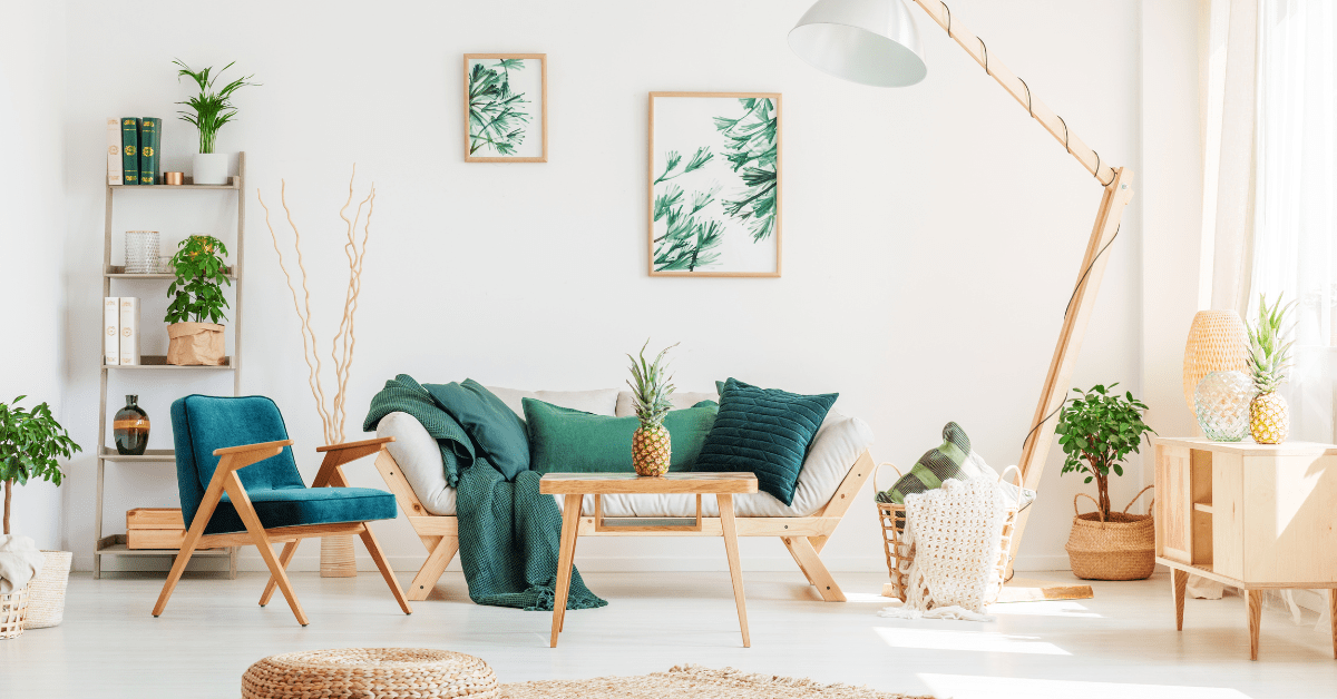 A modern living room with green and earthy accents.