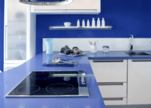 A dark blue kitchen with white accents.