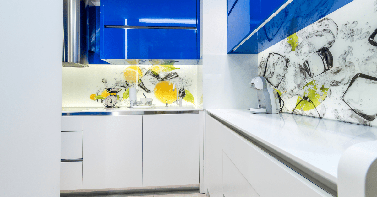 A kitchen with blue and white theme.