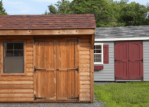 An assortment of sheds for sale.