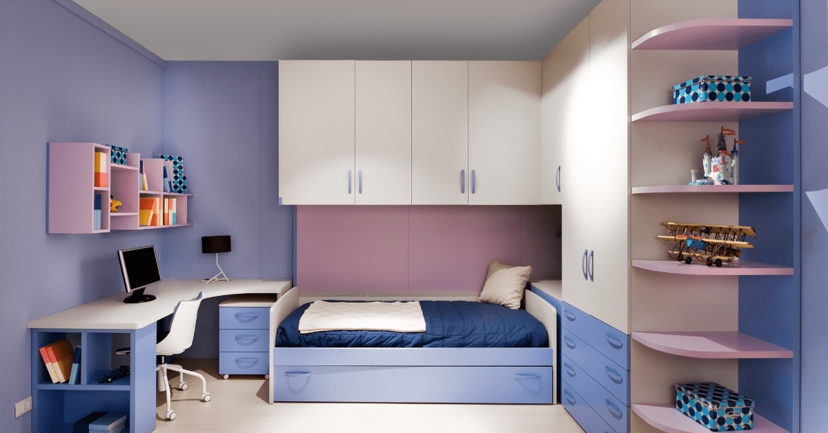 A blue and purple bedroom.