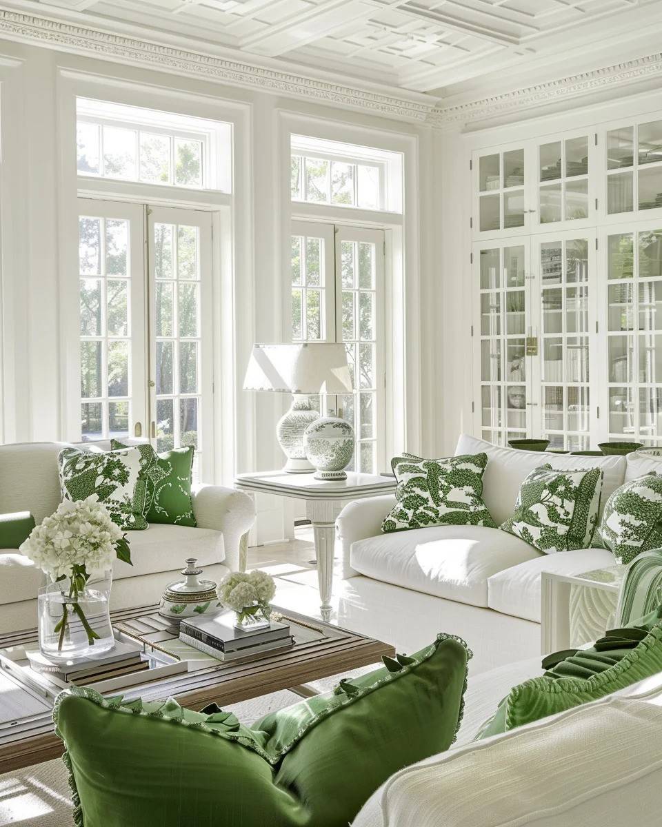 green and white coastal living room decor