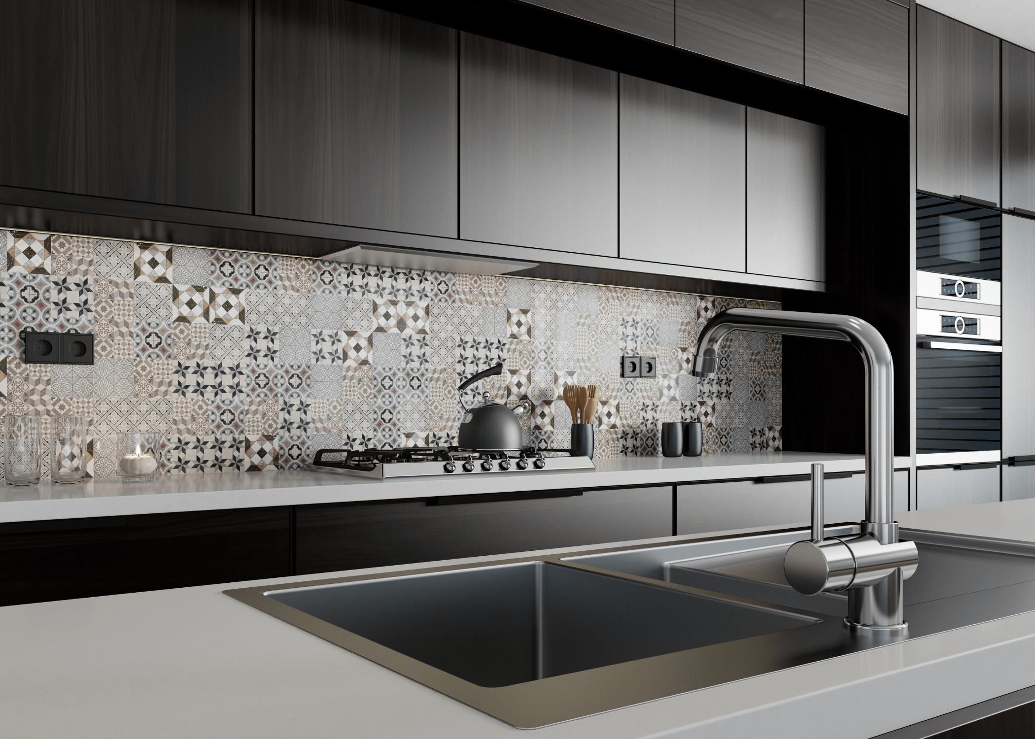 decorative backsplash in black modern kitchen