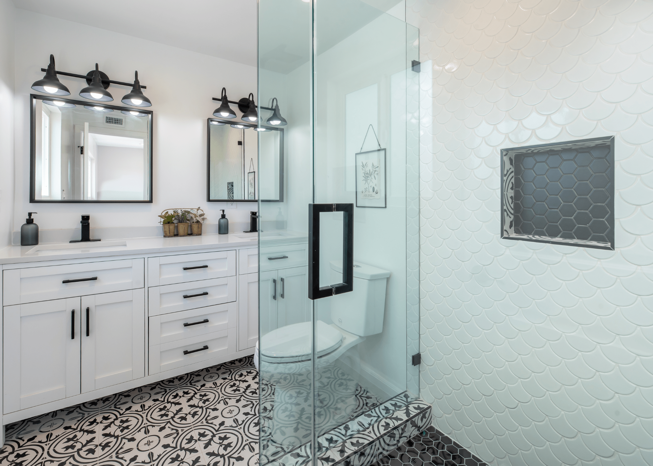 3/4 bathroom farmhouse style with black matte finishes