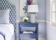 Bedroom features a blue lattice bed with blue lattice lamp on a blue wooden nightstand, and blue walls with a white chair rail.