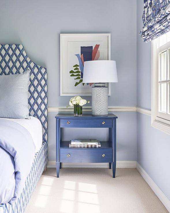 Bedroom features a blue lattice bed with blue lattice lamp on a blue wooden nightstand, and blue walls with a white chair rail.