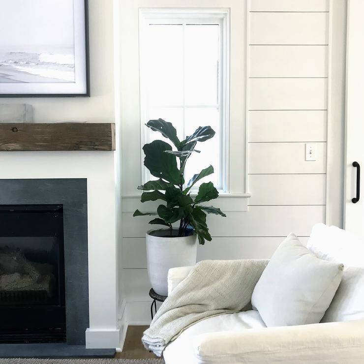 Modern farmhouse beauty showcasing a stunning cottage living room with a shiplap fireplace wall and a salvaged wood mantel accenting true white finishings. A white slipcovered accent chair furnishes the living space near the fireplace with a cream throw blanket and a matching pillow while a green house plant in a white pot brings a lush modern finish.