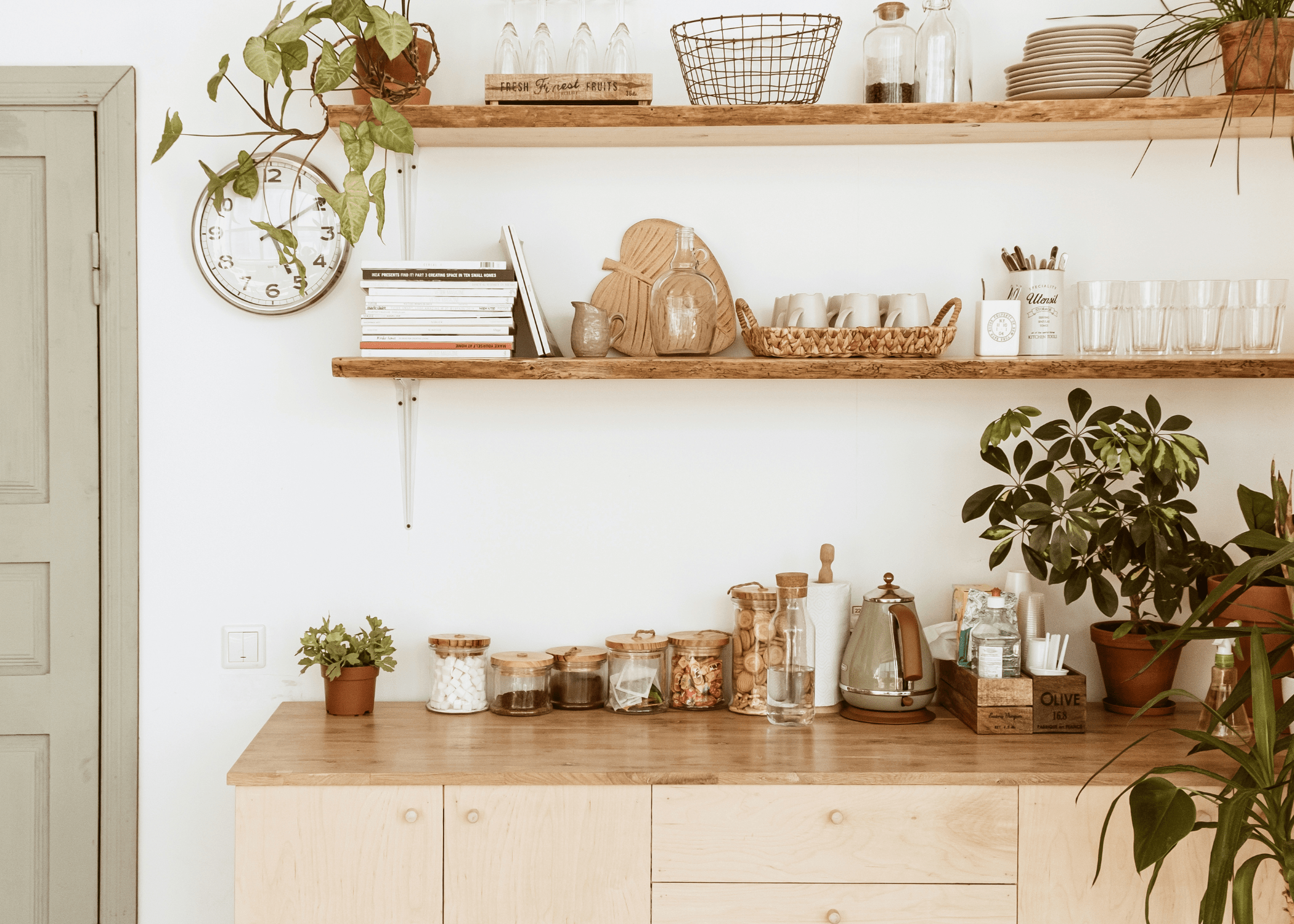 open shelving in kitchen